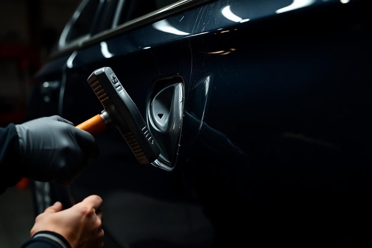 Technician repairing a dented car door panel