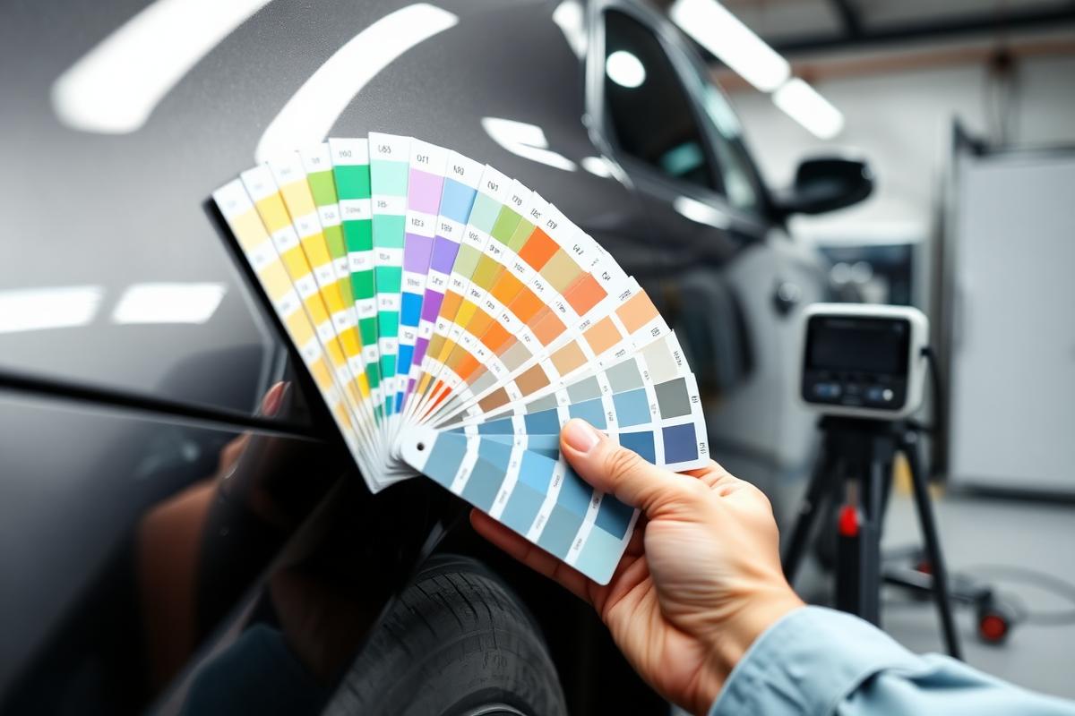 Paint color-match fan deck held against a car panel